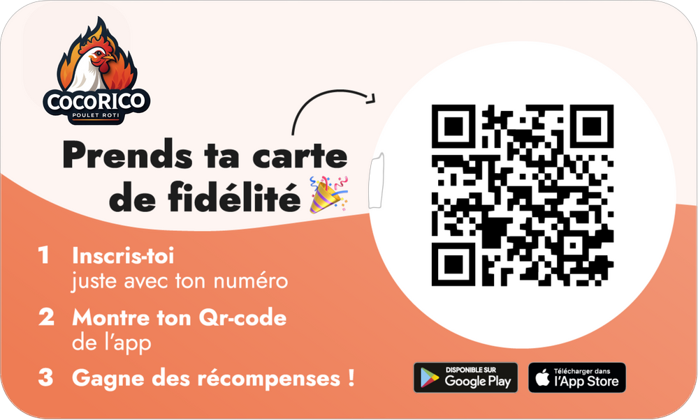 Carte de fidélité numérique chez Cocorico Montélimar – Cumulez des points à chaque achat de poulet rôti et profitez d'un poulet offert au bout de 10 passages. Téléchargez l'application pour ne manquer aucune récompense gourmande.